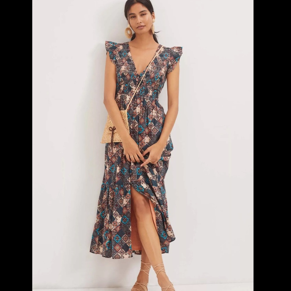 Anthropologie Peregrine Smocked Ruffle Midi Dress Size Small